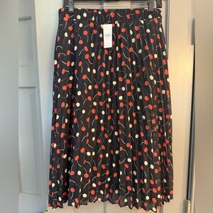 Ann Taylor Black Pleated Midi Skirt with Red & Cream Cherries